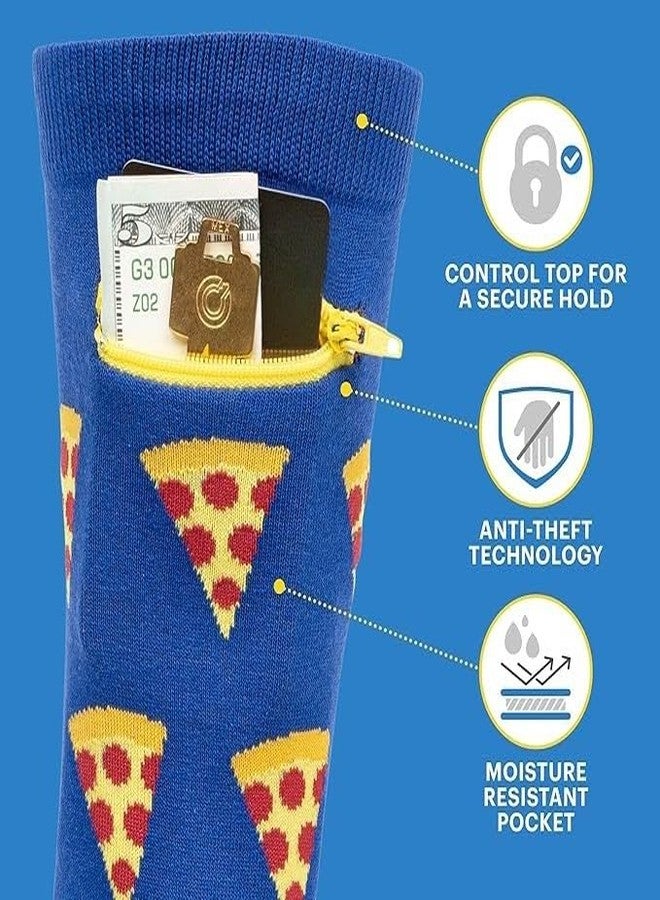Pocket Socks Fashion Print Crew Socks for Women & Men - Anti Theft Novelty Socks w/Hidden Zipper Stash Spot Pocket for Travel ID, Keys, Cash - Pizza Party - Image 2